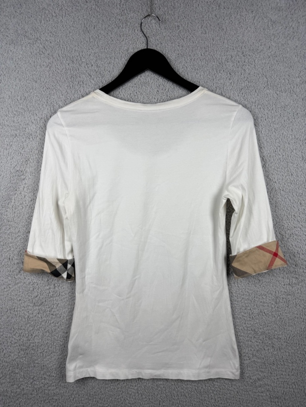 Burberry Women’s Lohit Checked Cuff 3/4 Sleeve White Tee Top, Size S, FLAWS - Picture 16 of 16